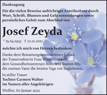 Traueranzeige von Josef Zeyda von Trauerkombi Bitterfeld