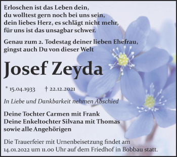 Traueranzeige von Josef Zeyda von Trauerkombi Bitterfeld