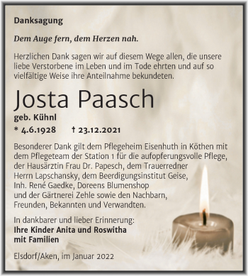 Traueranzeige von Josta Paasch von Trauerkombi Köthen