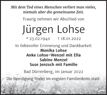 Traueranzeige von Jürgen Lohse von Trauerkombi Merseburg