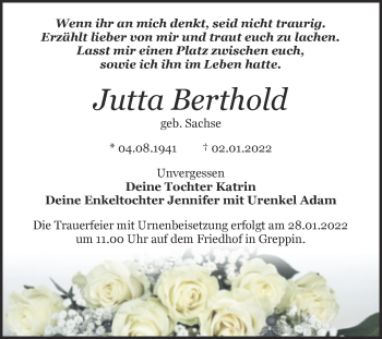 Traueranzeige von Jutta Berthold von Trauerkombi Bitterfeld