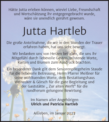 Traueranzeige von Jutta Hartleb von Trauerkombi Bernburg