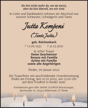 Traueranzeige von Jutta Kempeni von Trauerkombi Quedlinburg