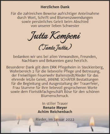 Traueranzeige von Jutta Kempeni von Trauerkombi Quedlinburg