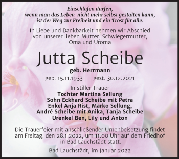 Traueranzeige von Jutta Scheibe von Trauerkombi Merseburg