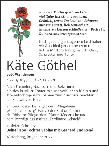 Traueranzeige von Käte Göthel von Trauerkombi Wittenberg