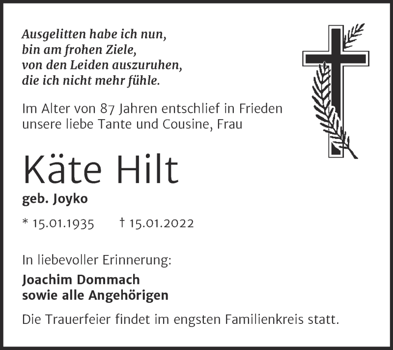  Traueranzeige für Käte Hilt vom 26.01.2022 aus Trauerkombi Weißenfels