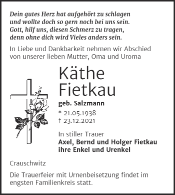 Traueranzeige von Käthe Fietkau von Wochenspiegel Naumburg/Nebra