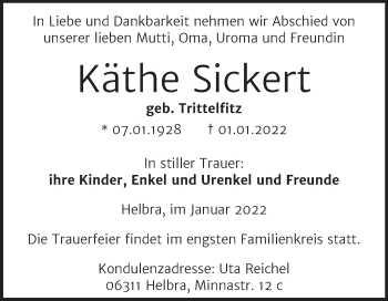 Traueranzeige von Käthe Sickert von Mitteldeutsche Zeitung Halle/Saalkreis