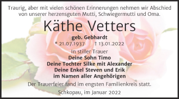 Traueranzeige von Käthe Vetters von Trauerkombi Merseburg