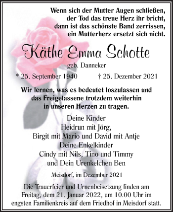 Traueranzeige von Käthe Emma Schotte von Trauerkombi Quedlinburg