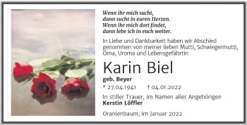 Traueranzeige von Karin Biel von Trauerkombi Wittenberg