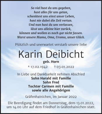 Traueranzeige von Karin Deibicht von Trauerkombi Wittenberg
