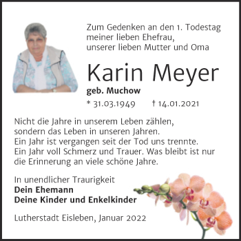 Traueranzeige von Karin Meyer von Trauerkombi Mansfelder Land