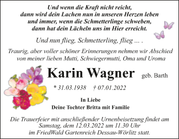 Traueranzeige von Karin Wagner von Trauerkombi Dessau