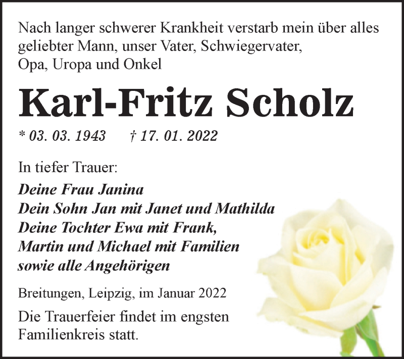  Traueranzeige für Karl-Fritz Scholz vom 22.01.2022 aus Mitteldeutsche Zeitung Sangerhausen