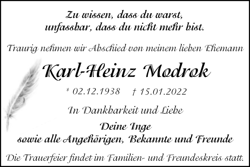  Traueranzeige für Karl-Heinz Modrok vom 29.01.2022 aus Trauerkombi Dessau