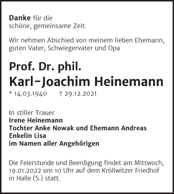 Traueranzeige von Karl-Joachim Heinemann von Mitteldeutsche Zeitung Halle/Saalkreis