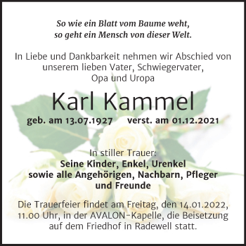 Traueranzeige von Karl Kammel von Mitteldeutsche Zeitung Halle/Saalkreis