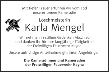 Traueranzeige von Karla Mengel von Trauerkombi Zeitz