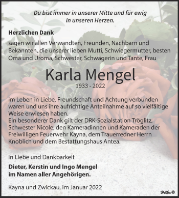 Traueranzeige von Karla Mengel von Trauerkombi Zeitz