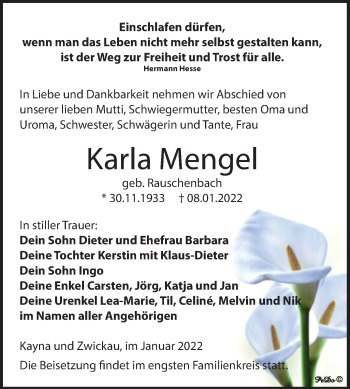 Traueranzeige von Karla Mengel von Trauerkombi Zeitz