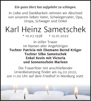 Traueranzeige von Karl Heinz Sametschek von Trauerkombi Bernburg