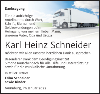 Traueranzeige von Karl Heinz Schneider von Wochenspiegel Naumburg/Nebra