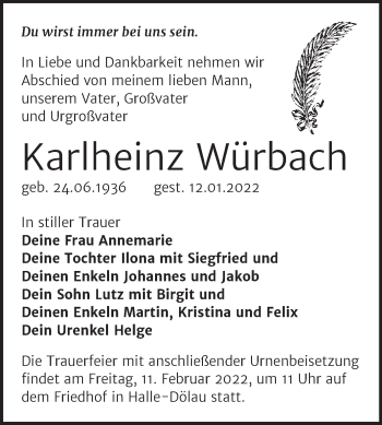 Traueranzeige von Karlheinz Würbach von Mitteldeutsche Zeitung Halle/Saalkreis