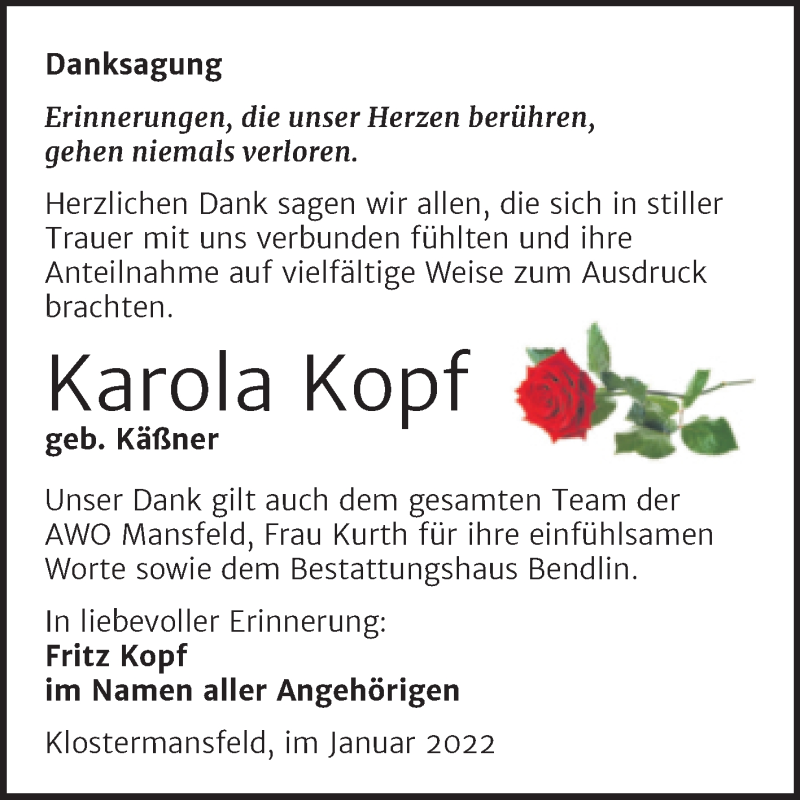  Traueranzeige für Karola Kopf vom 26.01.2022 aus Trauerkombi Mansfelder Land