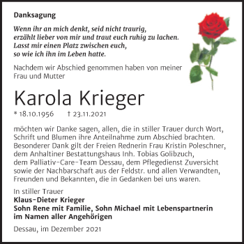 Traueranzeige von Karola Krieger von Trauerkombi Dessau