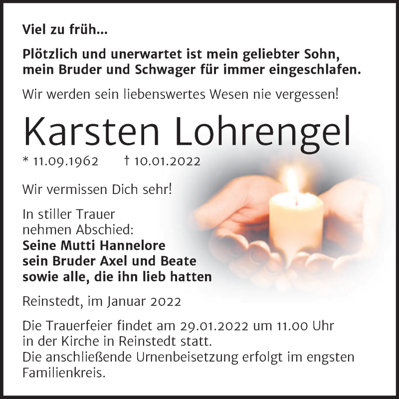  Traueranzeige für Karsten Lohrengel vom 22.01.2022 aus Trauerkombi Quedlinburg