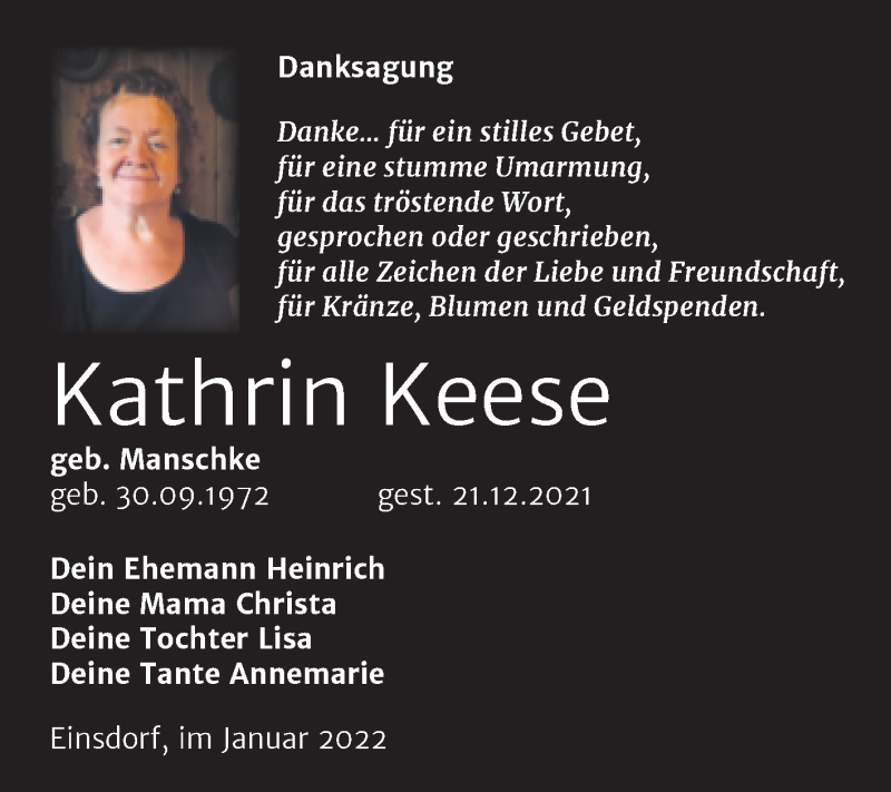  Traueranzeige für Kathrin Keese vom 22.01.2022 aus Super Sonntag Köthen
