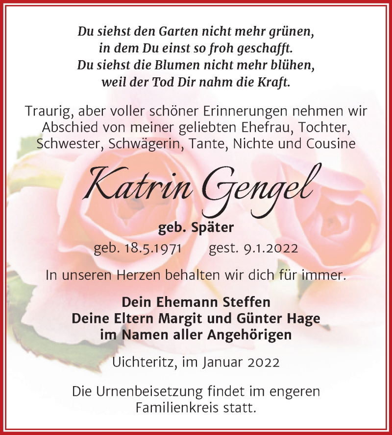  Traueranzeige für Katrin Gengel vom 19.01.2022 aus Trauerkombi Weißenfels