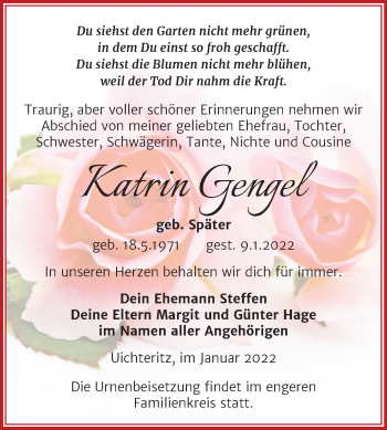 Traueranzeige von Katrin Gengel von Trauerkombi Weißenfels