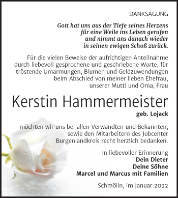 Traueranzeige von Kerstin Hammermeister von Trauerkombi Zeitz