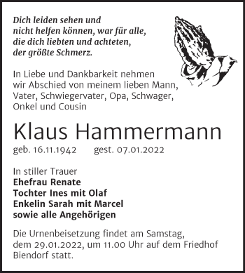 Traueranzeige von Klaus Hammermann von Trauerkombi Bernburg
