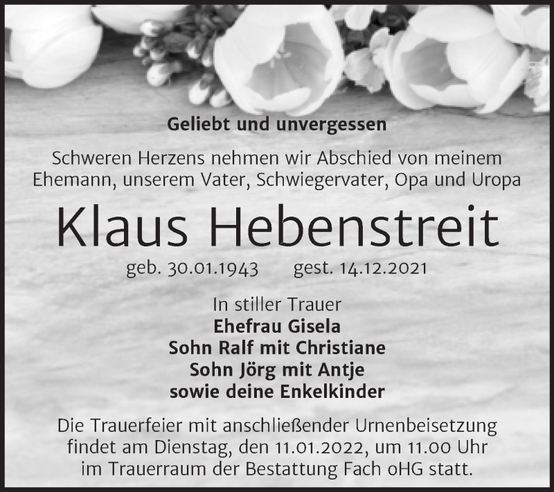  Traueranzeige für Klaus Hebenstreit vom 07.01.2022 aus Trauerkombi Merseburg