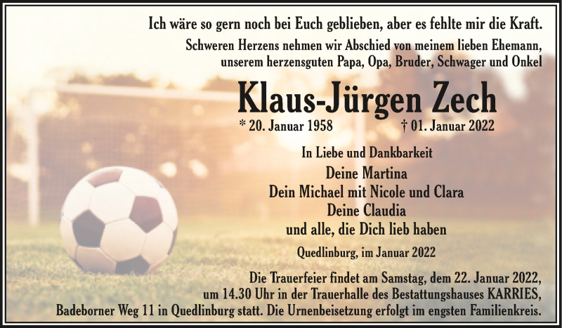  Traueranzeige für Klaus-Jürgen Zech vom 15.01.2022 aus Trauerkombi Quedlinburg