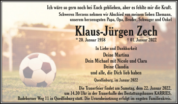 Traueranzeige von Klaus-Jürgen Zech von Trauerkombi Quedlinburg