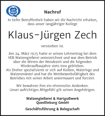 Traueranzeige von Klaus-Jürgen Zech von Mitteldeutsche Zeitung Quedlingburg