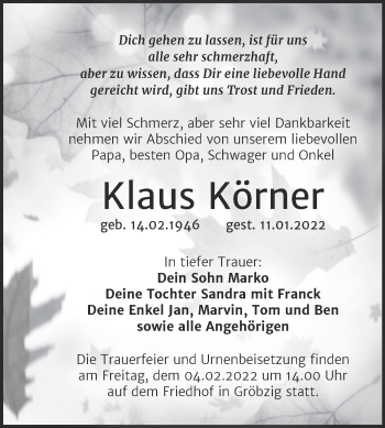 Traueranzeige von Klaus Körner von Trauerkombi Köthen