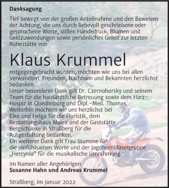Traueranzeige von Klaus Krummel von Trauerkombi Quedlinburg