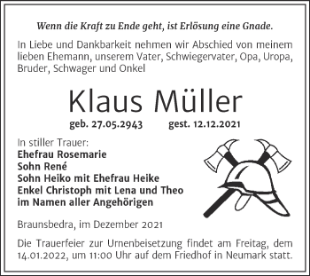 Traueranzeige von Klaus Müller von Trauerkombi Merseburg
