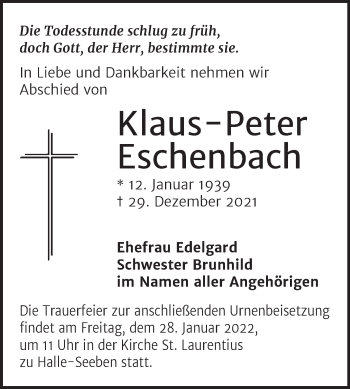 Traueranzeige von Klaus-Peter Eschenbach von Mitteldeutsche Zeitung Halle/Saalkreis