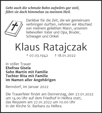 Traueranzeige von Klaus Ratajczak von Trauerkombi Mansfelder Land