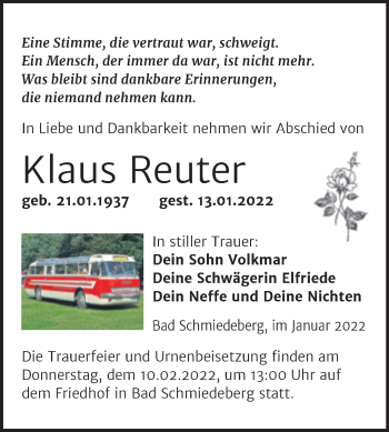 Traueranzeige von Klaus Reuter von Trauerkombi Wittenberg