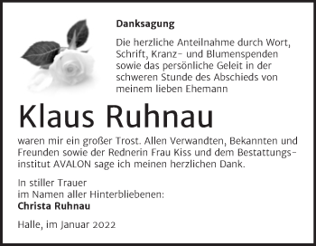 Traueranzeige von Klaus Ruhnau von Mitteldeutsche Zeitung Halle/Saalkreis