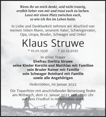 Traueranzeige von Klaus Struwe von Trauerkombi Quedlinburg