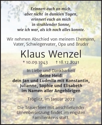 Traueranzeige von Klaus Wenzel von Trauerkombi Zeitz